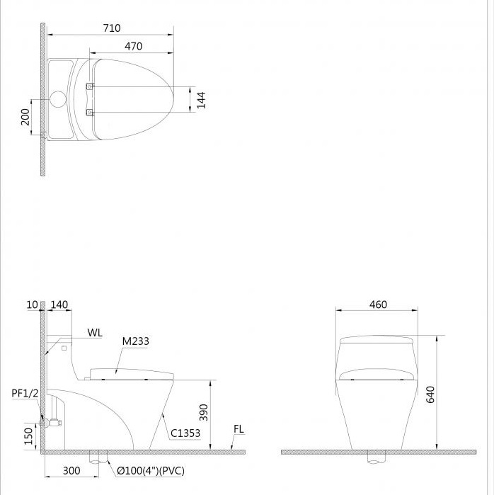 Bản vẽ kĩ thuật Bồn cầu 1 khối CAESAR C1353 nắp êm MU234
