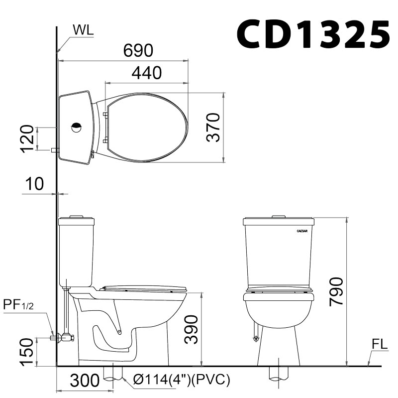 Bản vẽ kĩ thuật Bồn cầu 2 khối CAESAR CD1325 nắp thường M220