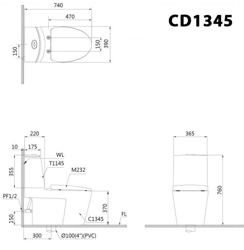 Bản vẽ kĩ thuật Bồn cầu 2 khối CAESAR CD1345 nắp êm M232