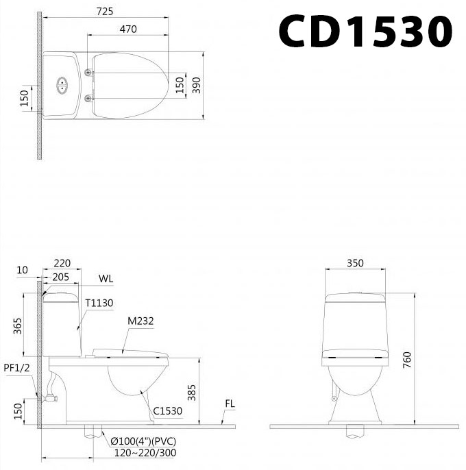 Bản vẽ kĩ thuật Bồn cầu 2 khối CAESAR CD1530 nắp êm M232