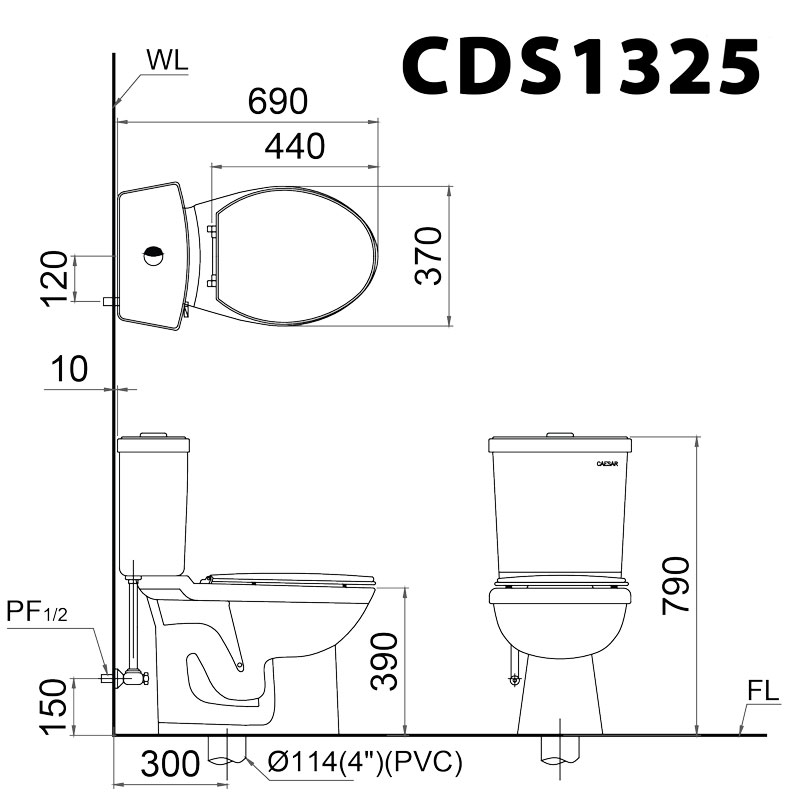 Bản vẽ kĩ thuật Bồn cầu 2 khối CAESAR CDS1325 nắp êm MS220