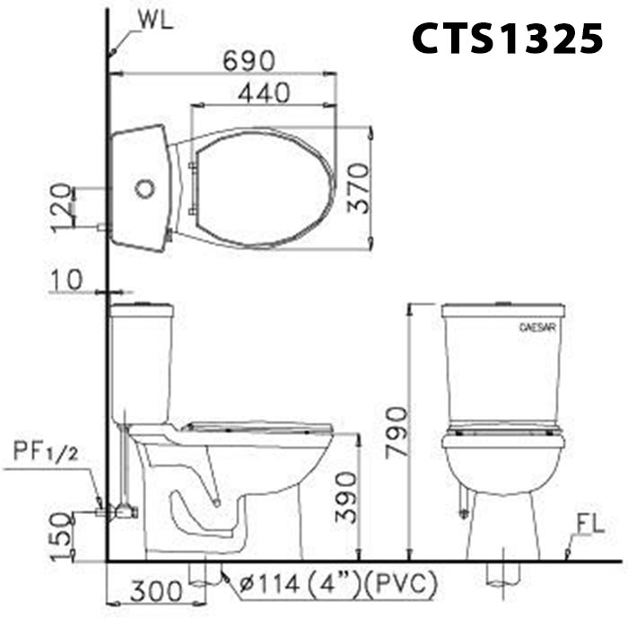 Bản vẽ kĩ thuật Bồn cầu 2 khối CAESAR CTS1325 nắp êm MS220
