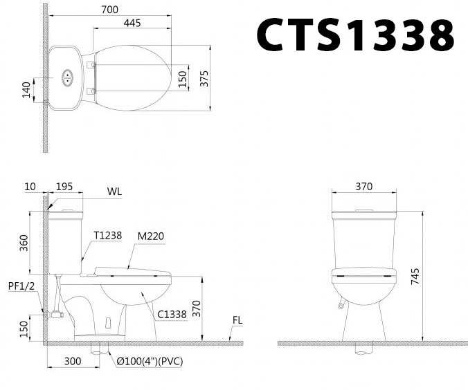 Bản vẽ kĩ thuật Bồn cầu 2 khối CAESAR CTS1338 nắp êm MS220