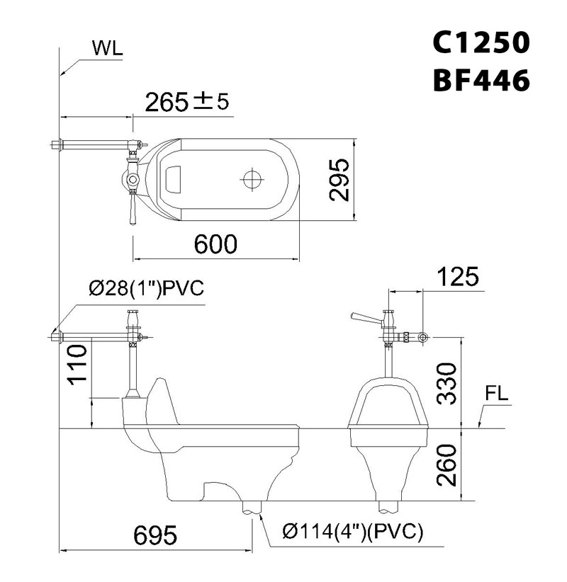 Bản vẽ kĩ thuật Bồn cầu xổm CAESAR C1250 BF446 bộ xả nhấn
