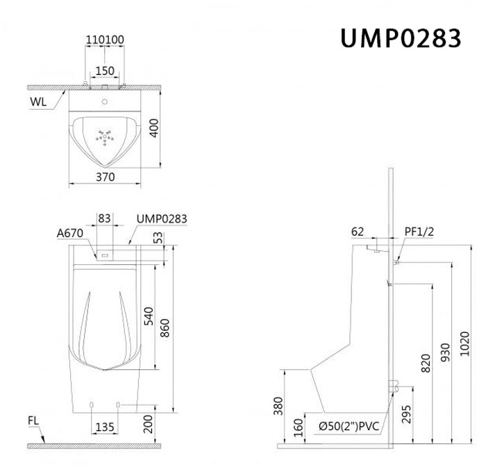 Bản vẽ kĩ thuật Bồn tiểu nam CAESAR UMP0283 cảm ứng treo tường