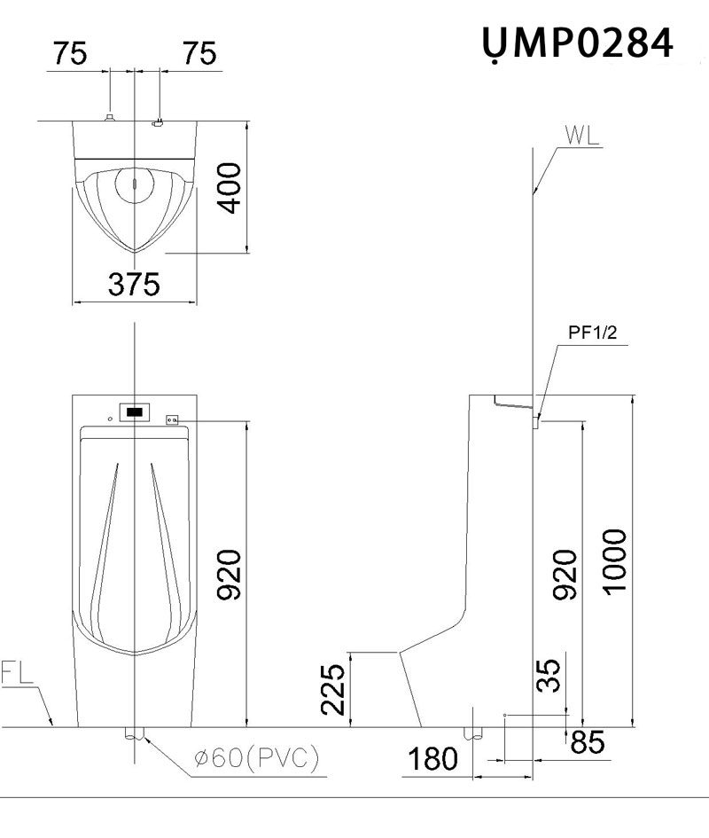 Bản vẽ kĩ thuật Bồn tiểu nam CAESAR UMP0284 cảm ứng đặt sàn