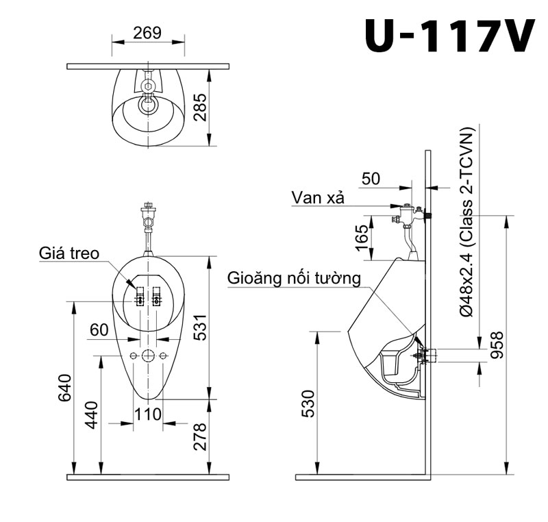 Bản vẽ kĩ thuật Bồn tiểu nam INAX U-117V treo tường