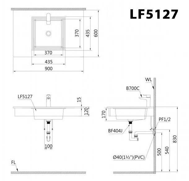 Bản vẽ kĩ thuật chậu lavabo CAESAR LF5118 âm bàn