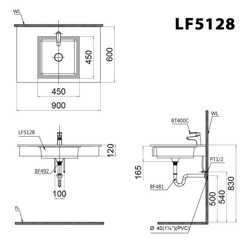 Bản vẽ kĩ thuật chậu lavabo CAESAR LF5128 âm bàn