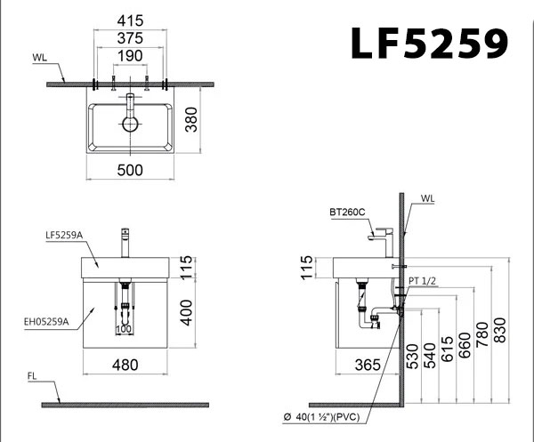 Bản vẽ kĩ thuật chậu lavabo CAESAR LF5259 đặt bàn