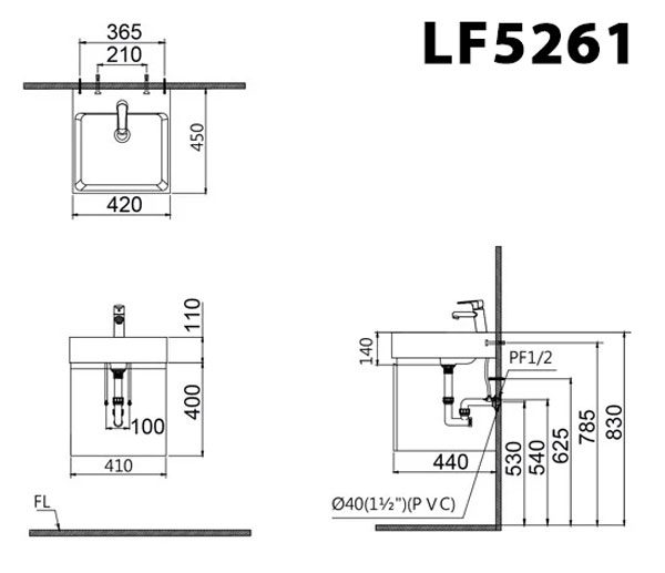 Bản vẽ kĩ thuật chậu lavabo CAESAR LF5261 đặt bàn