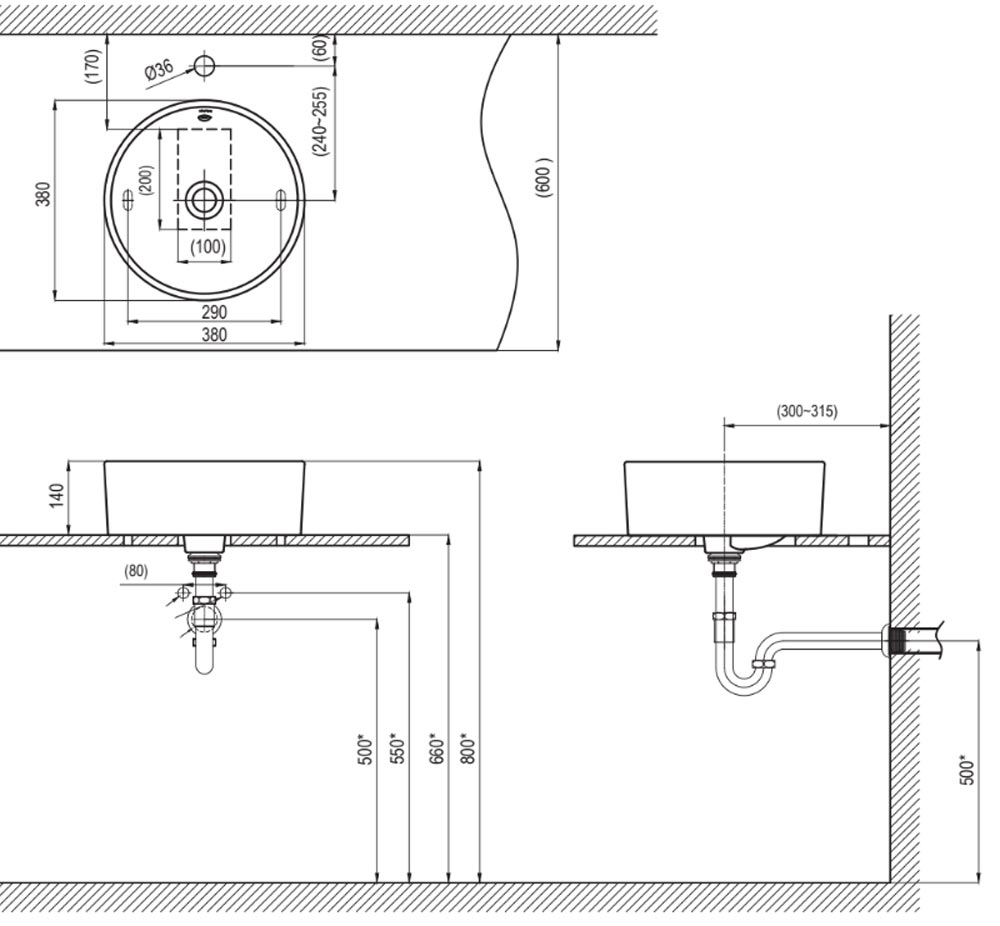 Bản vẽ kĩ thuật chậu lavabo INAX AL-295V đặt bàn