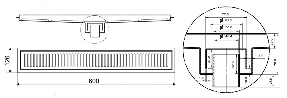Bản vẽ kĩ thuật Phễu thoát sàn INAX PBFV-600 Kiểu Dài 600x100mm