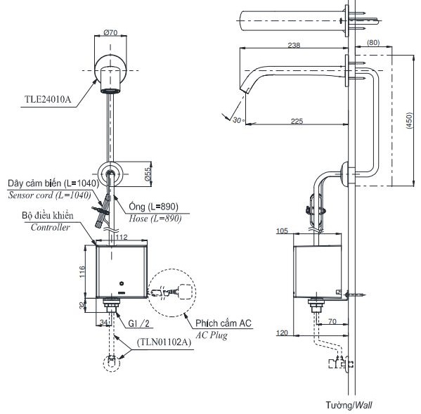 Bản vẽ kỹ thuật Vòi lavabo TOTO TLE24010A cảm ứng gắn tường