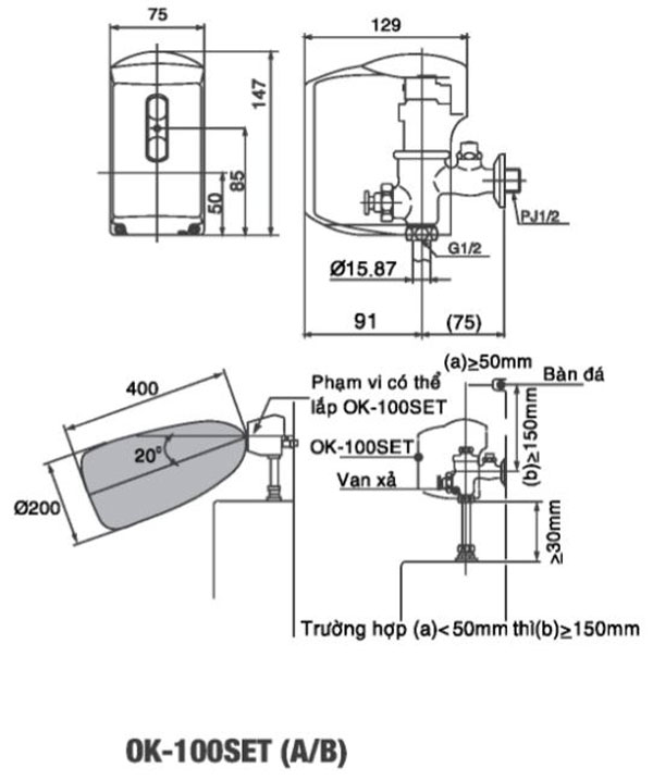 Bản vẽ kĩ thuật Van xả tiểu nam INAX OK-100SET(A/B) dùng pin cảm ứng