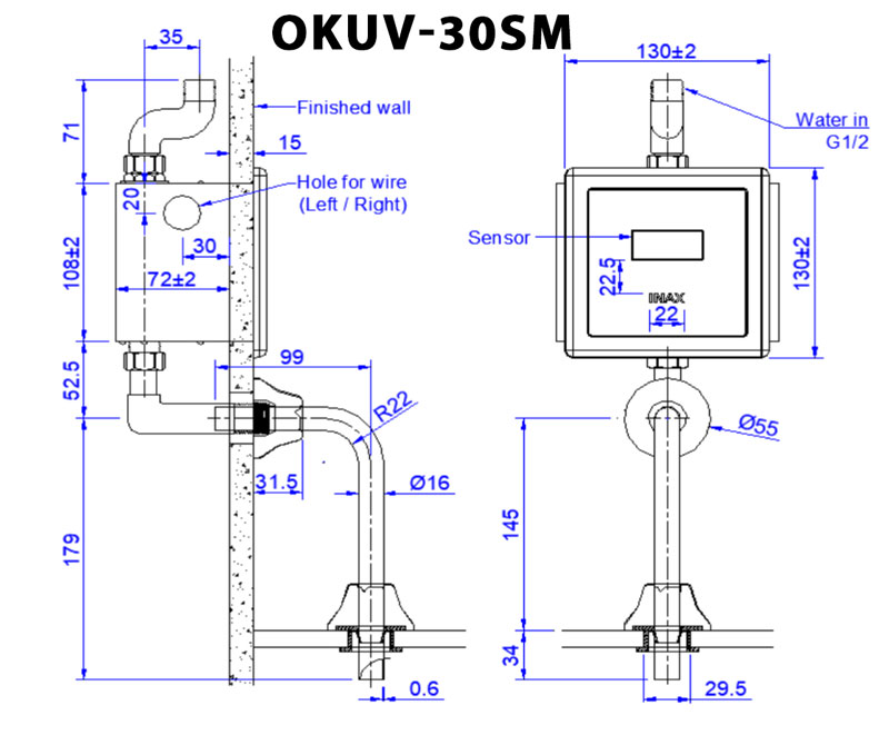 Bản vẽ kĩ thuật Van xả tiểu nam INAX OKUV-30SM cảm ứng âm tường dùng điện