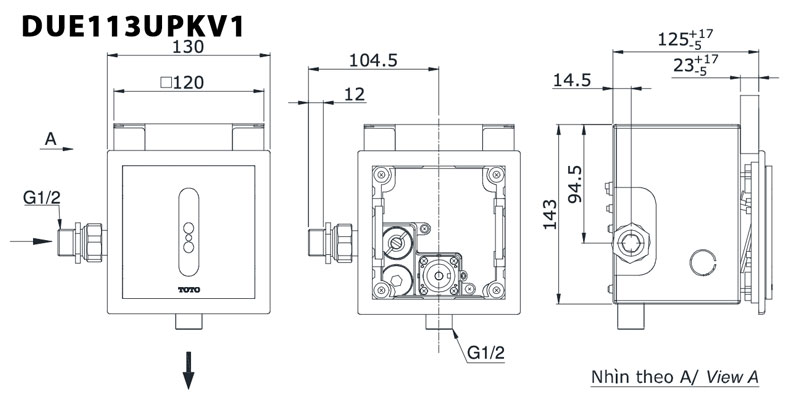 Bản vẽ kĩ thuật Van xả tiểu nam TOTO DUE113UPKV1 cảm ứng dùng pin âm tường