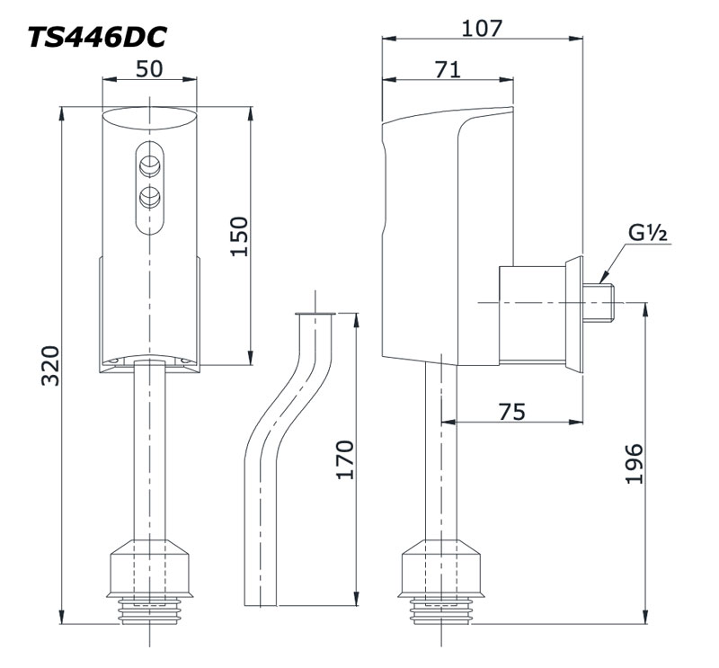 Bản vẽ kĩ thuật Van xả tiểu nam TOTO TS446DC cảm ứng dùng pin lắp nổi