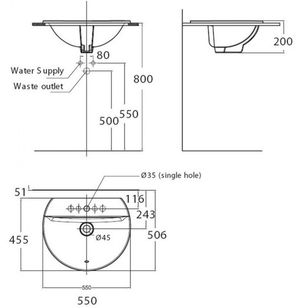 Bản vẽ kĩ thuật chậu lavabo American Standard 0452-WT Dòng Concept Sphere dương vành