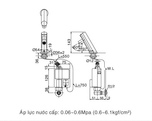 Bản vẽ kỹ thuật Vòi lavabo INAX AMV-90 cảm ứng dùng pin lạnh
