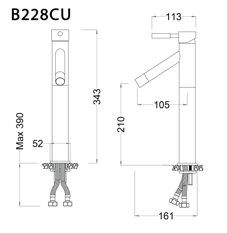 Bản vẽ kỹ thuật Vòi lavabo CAESAR B228CU cổ cao nóng lạnh
