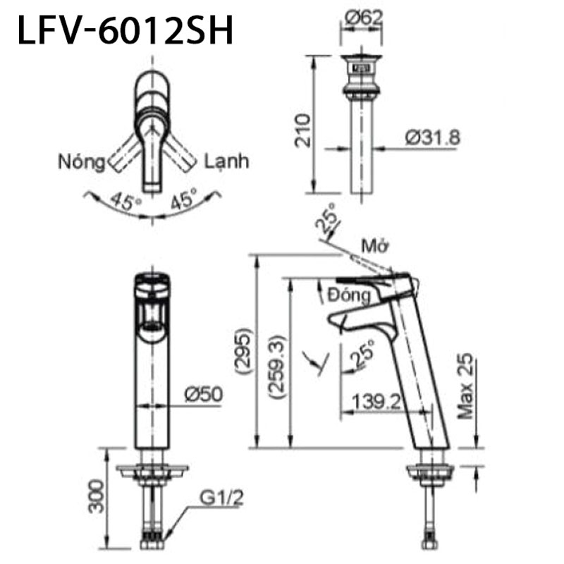 Bản vẽ kỹ thuật Vòi lavabo INAX LFV-6012SH nóng lạnh 1 lỗ cổ cao