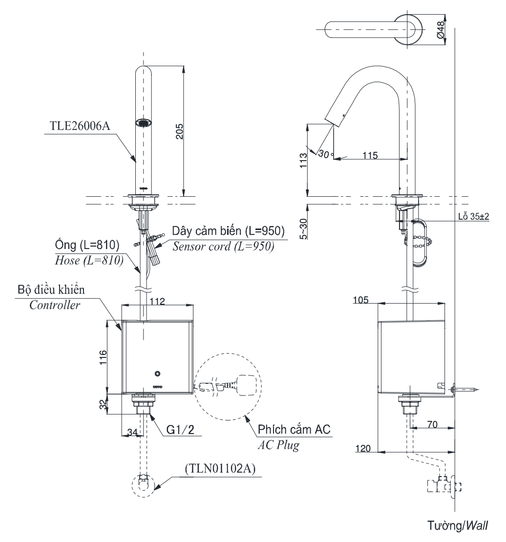Bản vẽ kỹ thuật Vòi lavabo TOTO TLE26007A cảm ứng gắn bàn/chậu