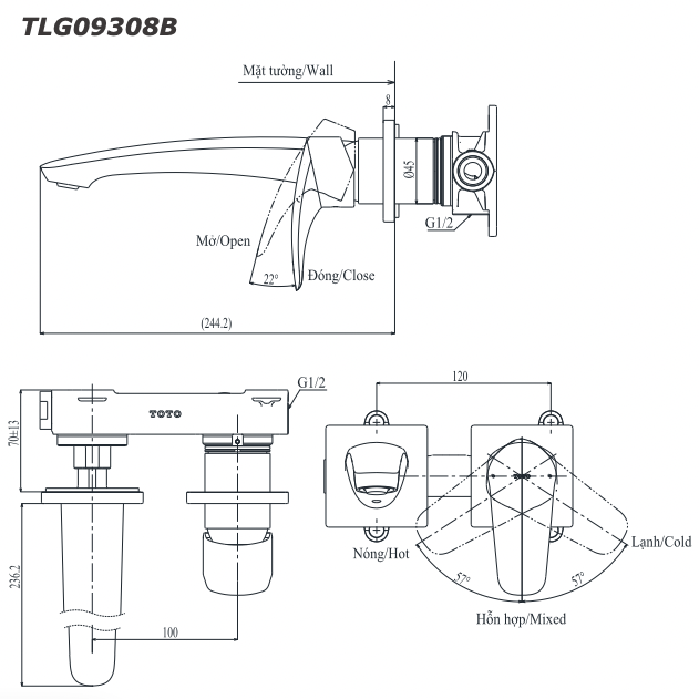Bản vẽ kỹ thuật Vòi lavabo TOTO TLG09308B nóng lạnh gắn tường