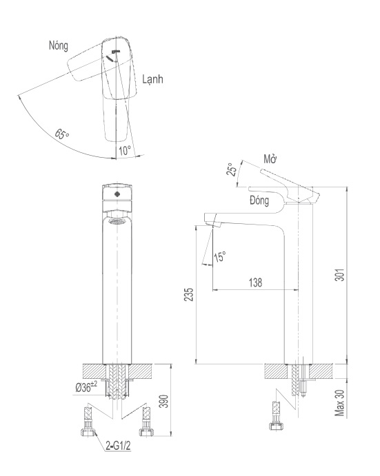 Bản vẽ kỹ thuật Vòi lavabo INAX LFV-5000SH nóng lạnh 1 lỗ cổ cao