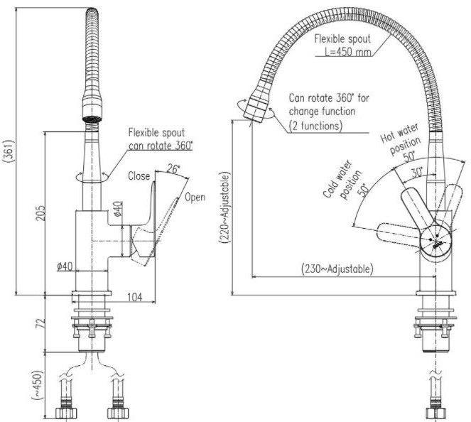 Bản vẽ kỹ thuật Vòi rửa bát INAX SFV-303S nóng lạnh