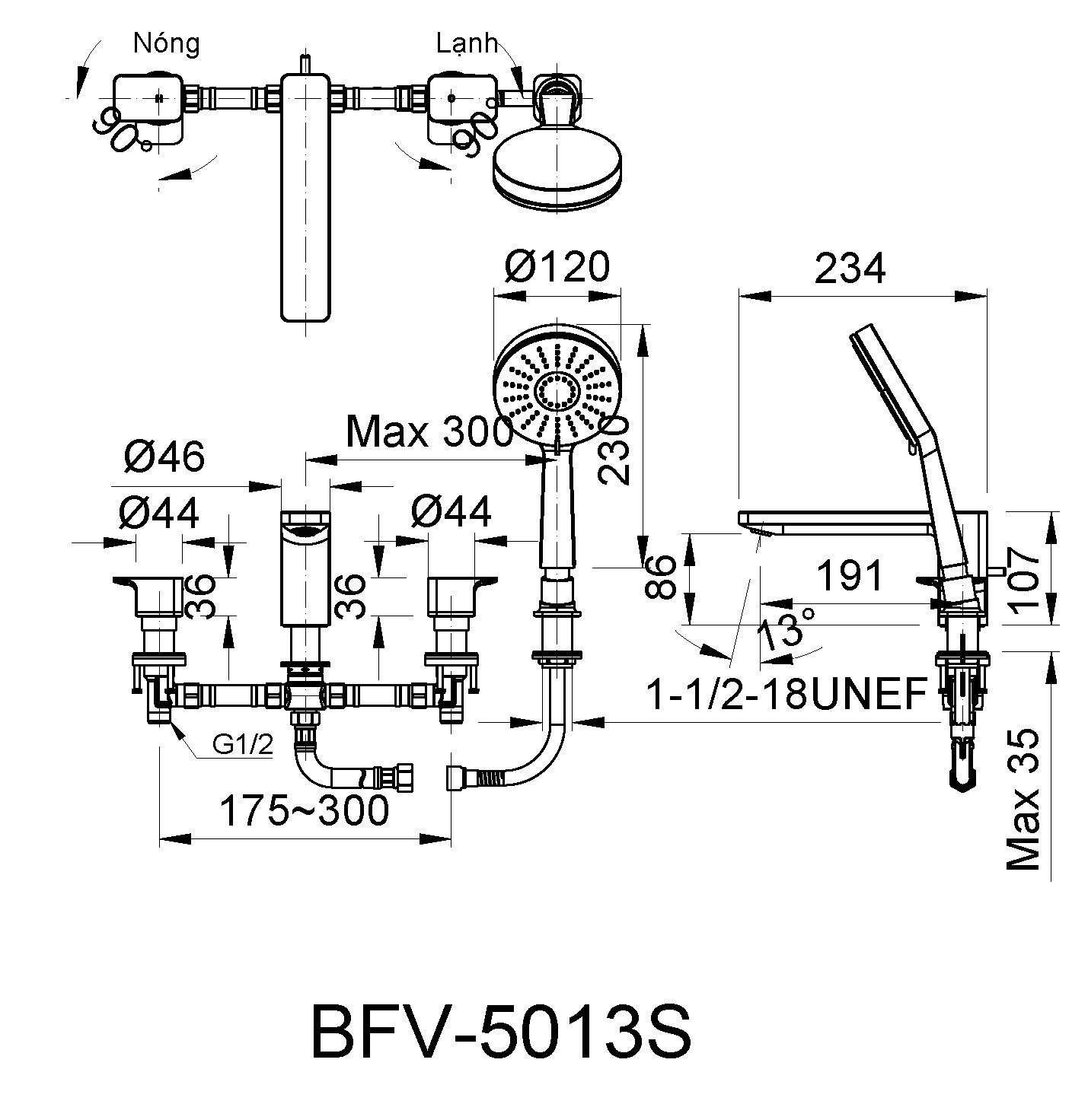 Bản vẽ kỹ thuật Vòi sen bồn tắm INAX BFV-5013S gắn bồn nóng lạnh
