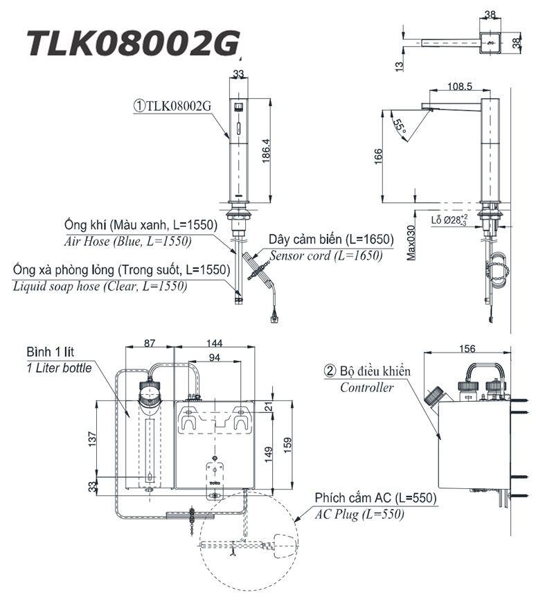Bản vẽ kỹ thuật Vòi xịt xà phòng tự động TOTO TLK08002G