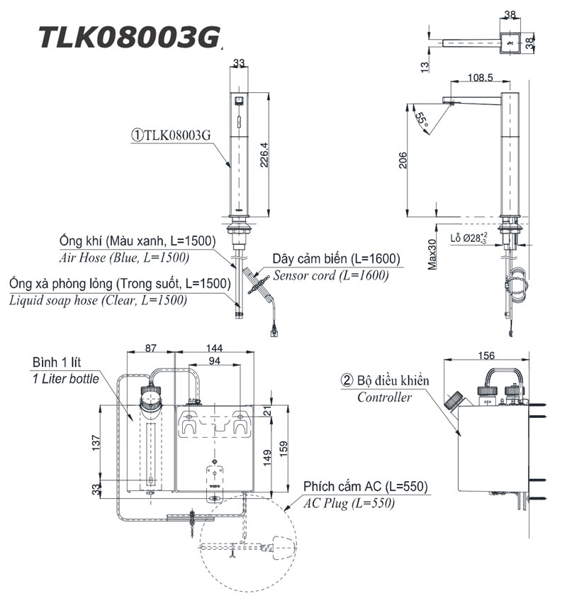 Bản vẽ kỹ thuật Vòi xịt xà phòng tự động TOTO TLK08003G