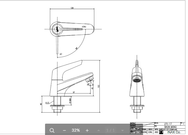 Bản vẽ kỹ thuật Vòi lavabo INAX LFV-17P lạnh 1 lỗ