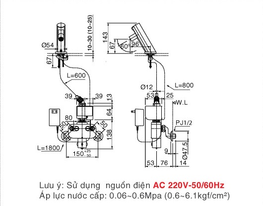 Bản vẽ kỹ thuật Vòi lavabo INAX AMV-90K (220V) cảm ứng dùng điện nóng lạnh