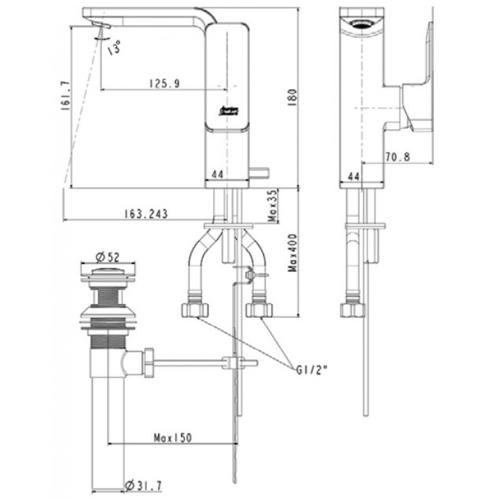 Bản vẽ kỹ thuật Vòi lavabo American Standard WF-1305 dòng Acacia Evolution cổ cao nóng lạnh