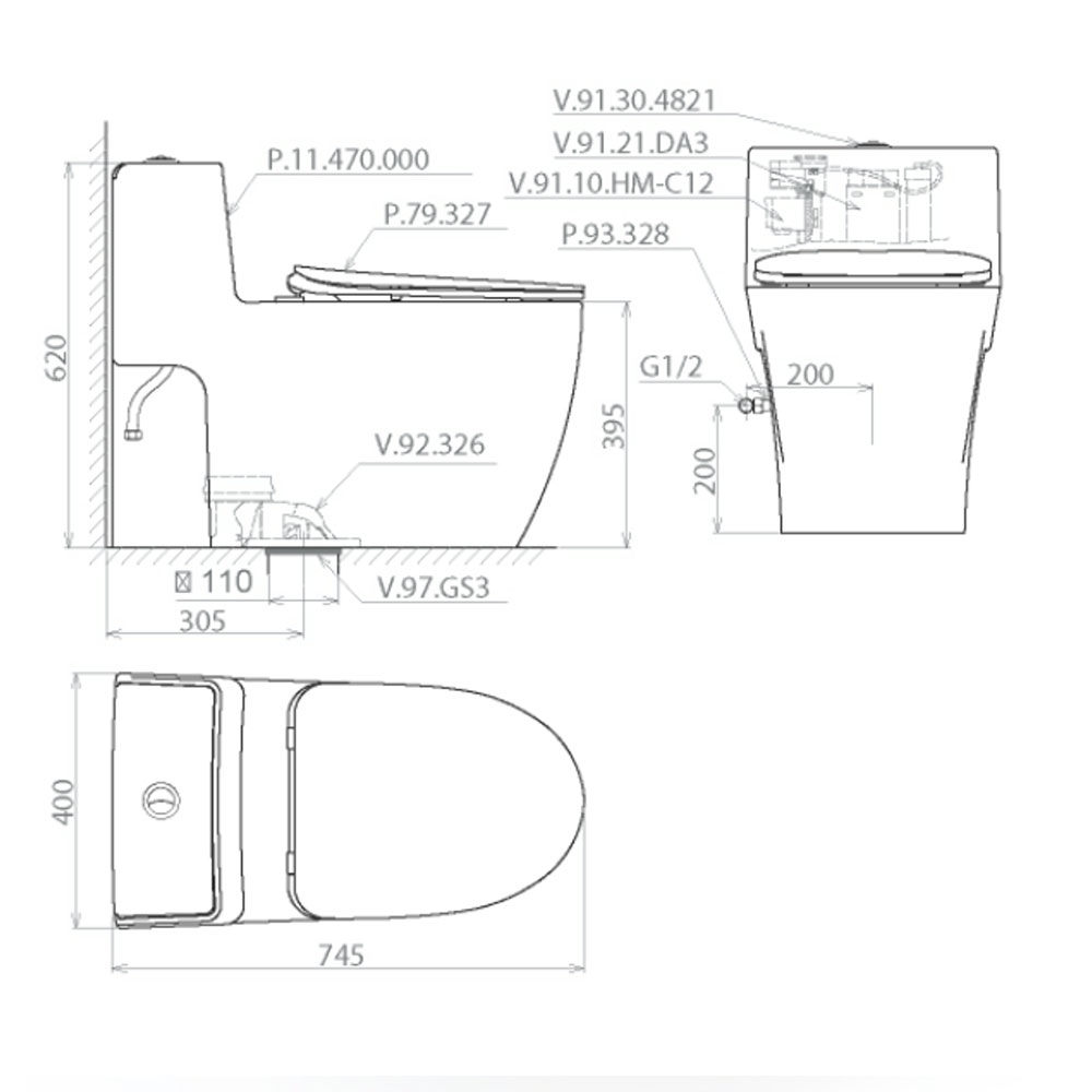 Bản vẽ kích thước Bồn cầu 1 khối PLATINUM P359 P.11.470