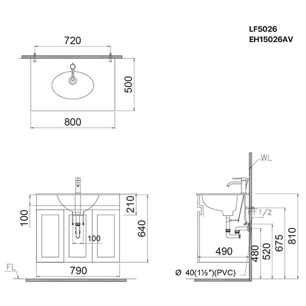 Bản vẽ kĩ thuật Tủ lavabo CAESAR LF5026 EH15026AW7V