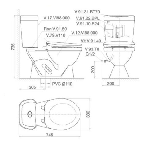 Bản vẽ kĩ thuật Bồn cầu 2 khối VIGLACERA VI88 nắp thường V1102