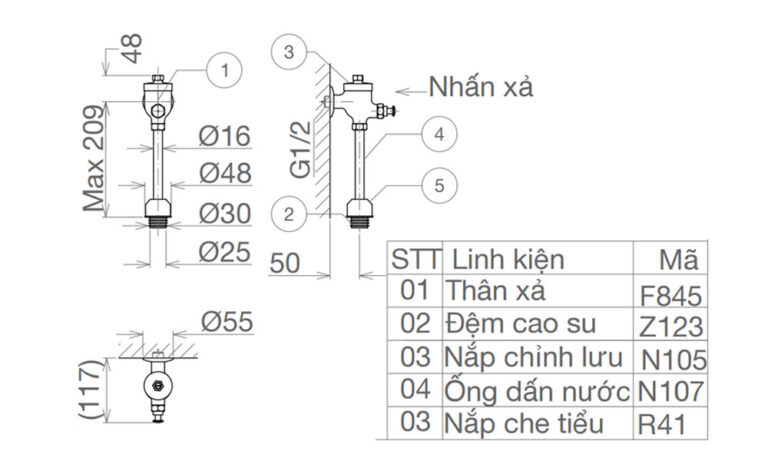 Bản vẽ kĩ thuật Van xả tiểu nam VIGLACERA VG845 VG845.1 (VGHX05) nhấn