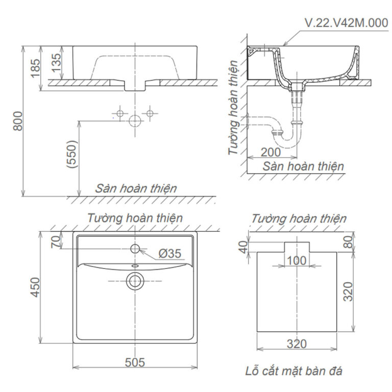 Bản vẽ kĩ thuật chậu lavabo VIGLACERA V42M đặt bàn