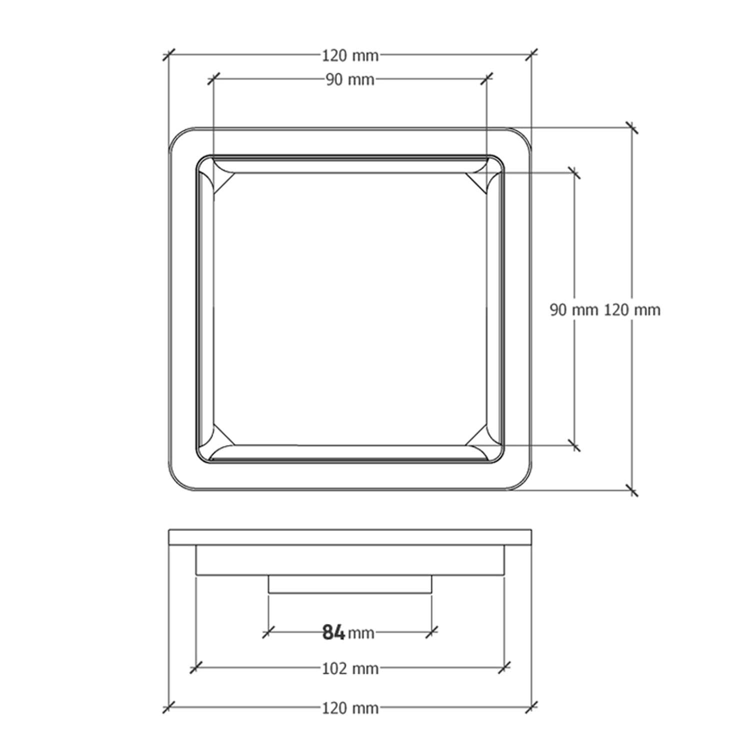 Bản vẽ kích thước Phễu thoát sàn CAESAR ST1212EL 120x120mm phi 90