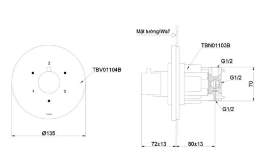 Bản vẽ kỹ thuật Van chuyển hướng TOTO TBV01104B TBN01103B sen âm tường