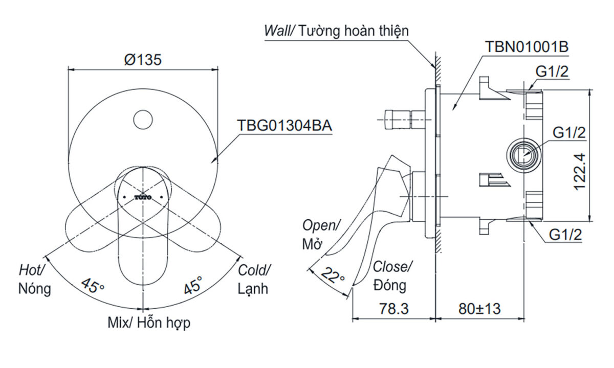 Van gật gù TOTO TBG01304BA TBN01001B sen âm tường GO nóng lạnh - Ảnh 2