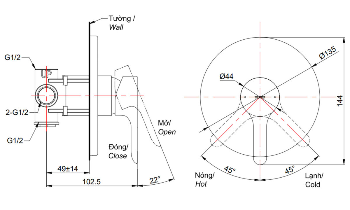Bản vẽ kỹ thuật Van gật gù TOTO TBS01303B sen âm tường