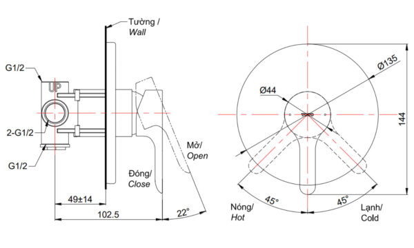 Bản vẽ kỹ thuật Van gật gù TOTO TBS01303B sen âm tường