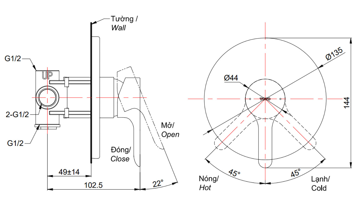 Bản vẽ kỹ thuật Van gật gù TOTO TBS01303B sen âm tường