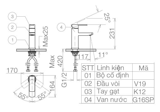 Bản vẽ kỹ thuật Vòi lavabo VIGLACERA VG112 nóng lạnh