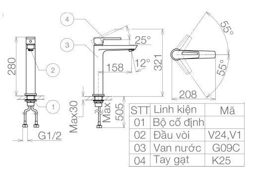 Bản vẽ kỹ thuật Vòi lavabo VIGLACERA VG125 cổ cao nóng lạnh