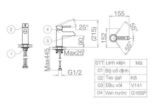 Bản vẽ kỹ thuật Vòi lavabo VIGLACERA VG141 nóng lạnh